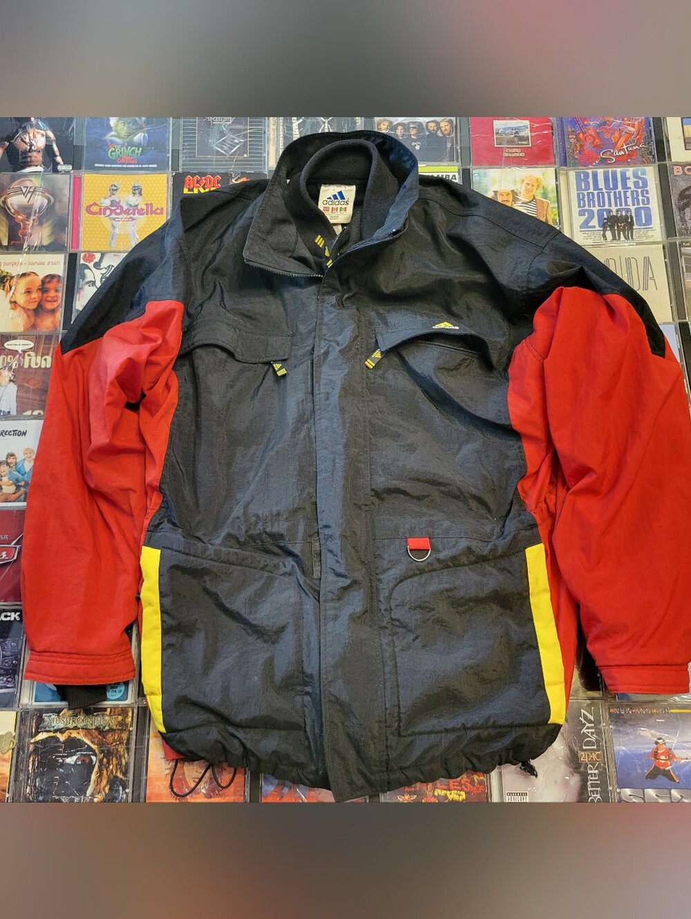 90s Adidas Menβs Black & Red Colorblock Technical Jacket